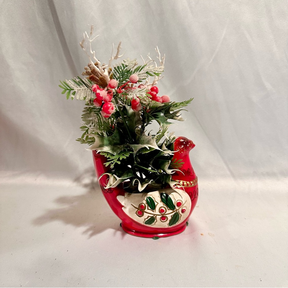 Vintage Festive Red Holiday Ceramic Dove Bird Planter Christmas Floral-10”H x 6”